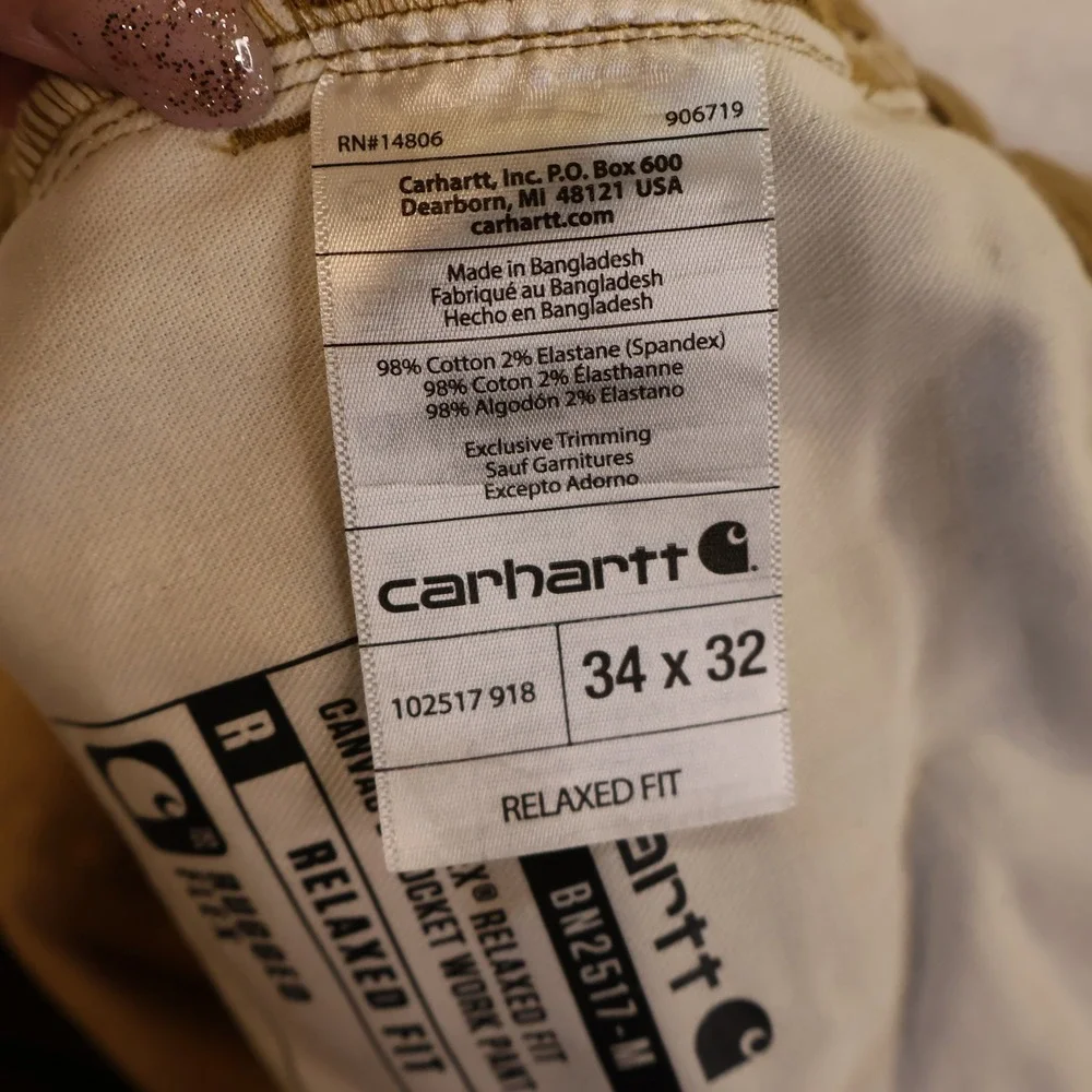 Carhartt Mens 34x32 Canvas Work Pants Brown Rugged Flex Relaxed Fit BN2517-M